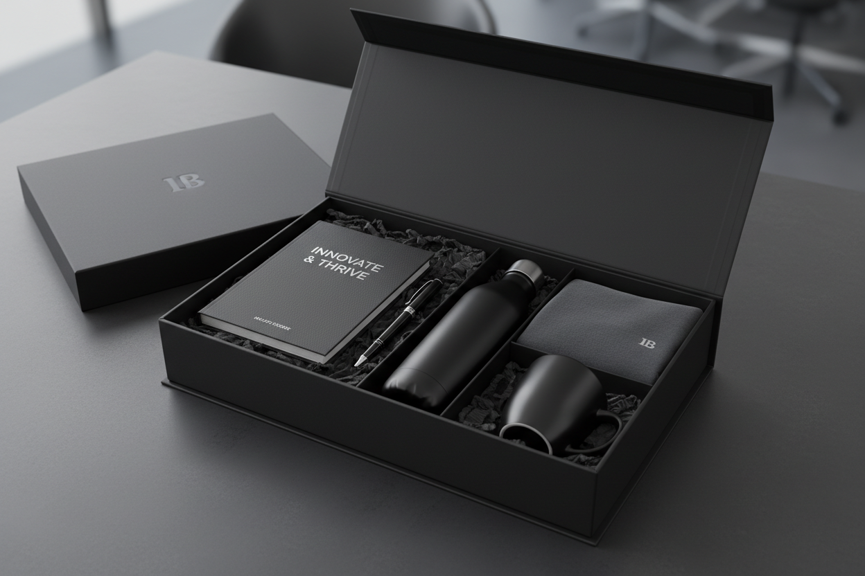 i need book pen bottle mug and a t shirt in a black gift box for corporate gifting 